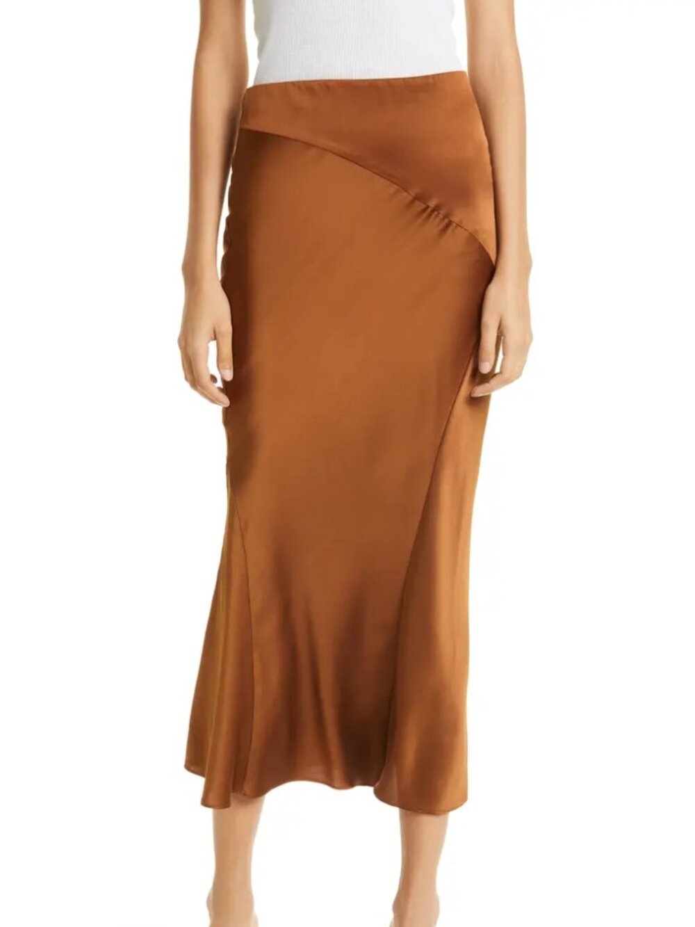 Veronica Beard $450 Sorelle Paneled Satin Silk Midi Skirt Stretch Orange Brown
